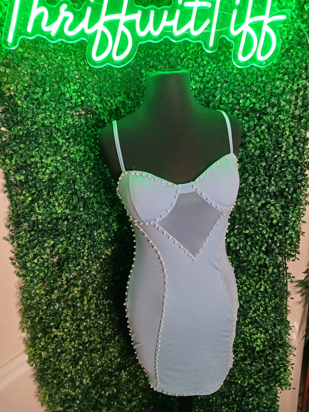 Pearl-Trim Light Blue Bodycon Mini Dress